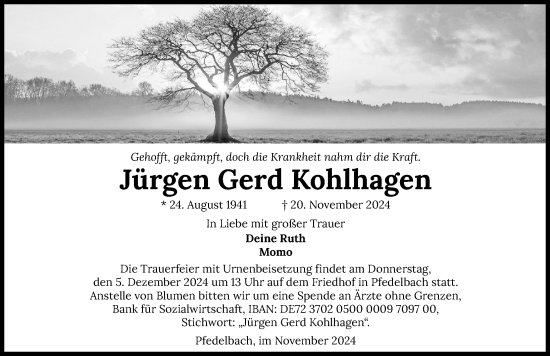 Traueranzeige von Jürgen Gerd Kohlhagen von GESAMT