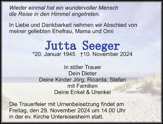 Traueranzeige von Jutta Seeger von GESAMT