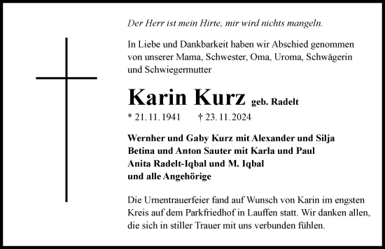 Traueranzeige von Karin Kurz von GESAMT