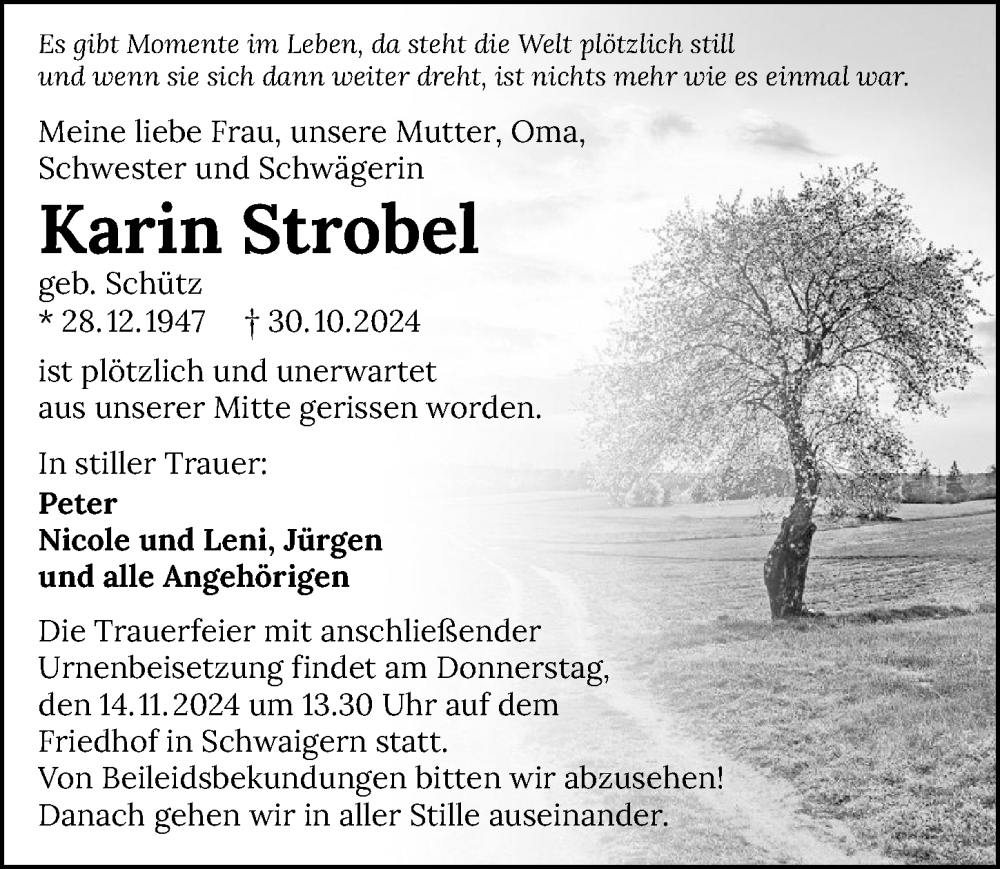  Traueranzeige für Karin Strobel vom 09.11.2024 aus GESAMT