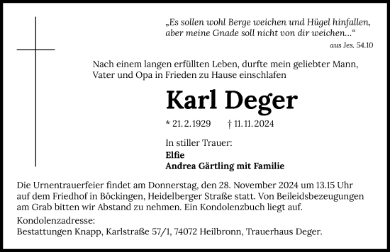 Traueranzeige von Karl Deger von GESAMT