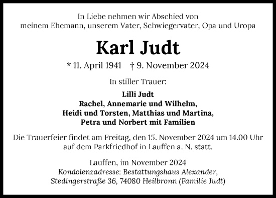 Traueranzeige von Karl Judt von GESAMT