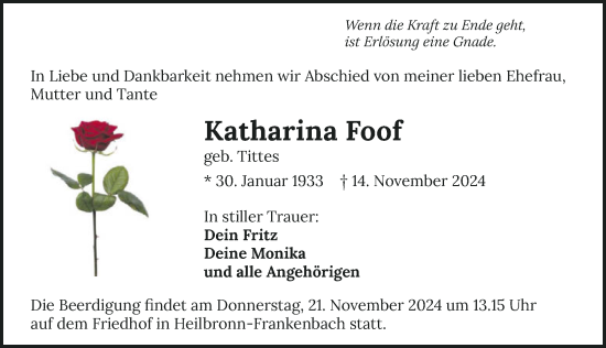 Traueranzeige von Katharina Foof von GESAMT