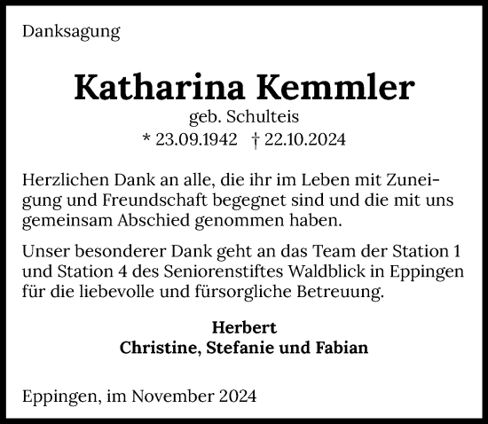 Traueranzeige von Katharina Kemmler von GESAMT