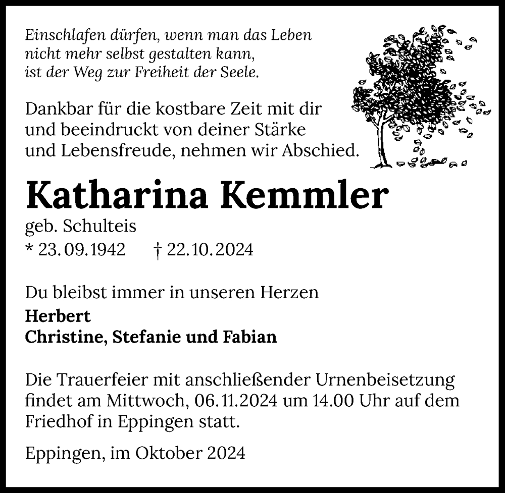  Traueranzeige für Katharina Kemmler vom 02.11.2024 aus GESAMT