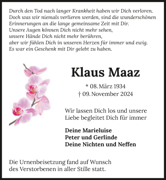 Traueranzeige von Klaus Maaz von GESAMT