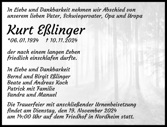 Traueranzeige von Kurt Eßlinger von GESAMT