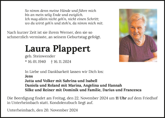 Traueranzeige von Laura Plappert von GESAMT