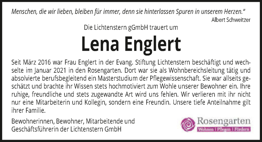  Traueranzeige für Lena Englert vom 30.11.2024 aus GESAMT