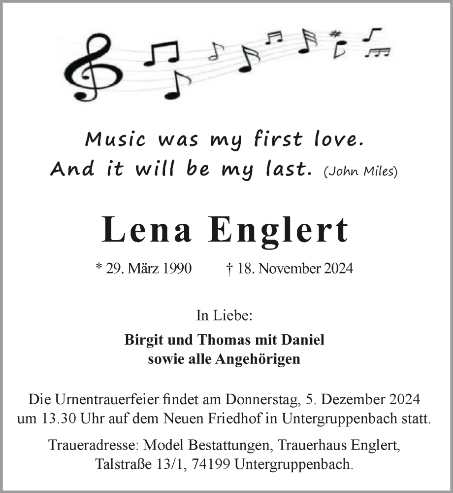  Traueranzeige für Lena Englert vom 30.11.2024 aus GESAMT