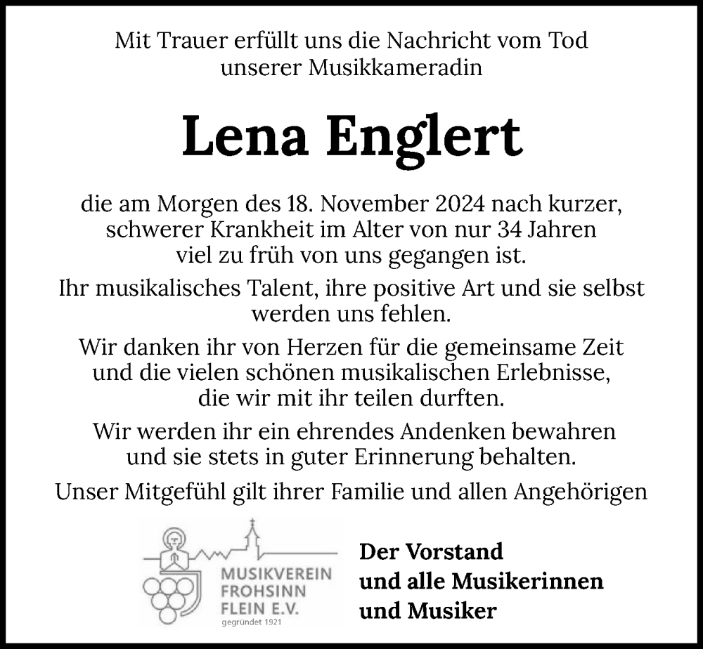  Traueranzeige für Lena Englert vom 30.11.2024 aus GESAMT