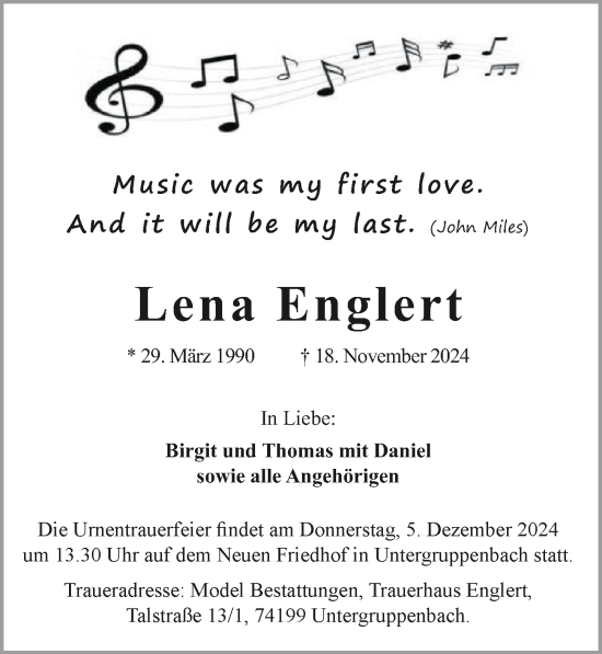 Traueranzeige von Lena Englert