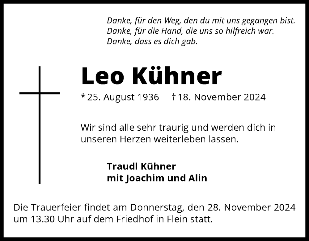  Traueranzeige für Leo Kühner vom 23.11.2024 aus GESAMT