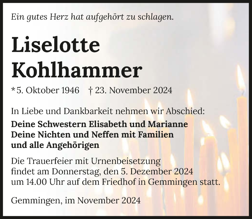  Traueranzeige für Liselotte Kohlhammer vom 30.11.2024 aus GESAMT