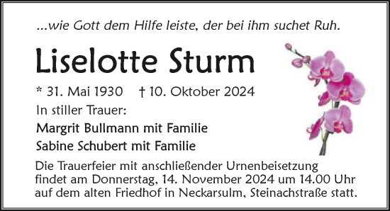 Traueranzeige von Liselotte Sturm von GESAMT