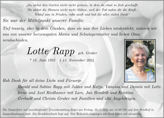 Traueranzeige von Lotte Rapp von GESAMT