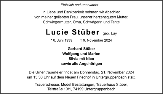 Traueranzeige von Lucie Stüber von GESAMT