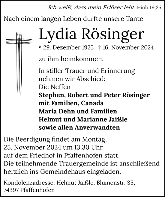 Traueranzeige von Lydia Rösinger von GESAMT