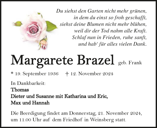 Traueranzeige von Margarete Brazel von GESAMT