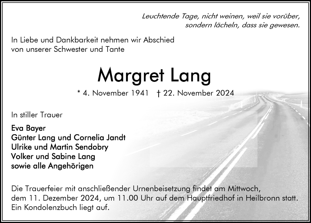  Traueranzeige für Margret Lang vom 30.11.2024 aus GESAMT