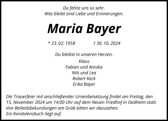 Traueranzeige von Maria Bayer von GESAMT