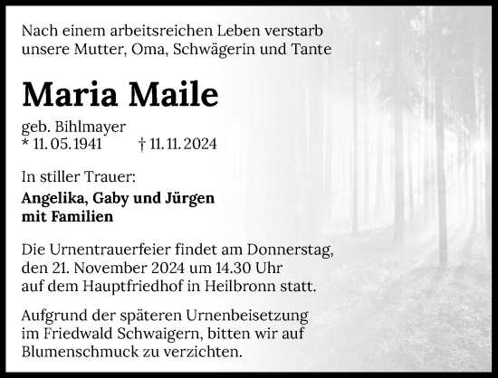 Traueranzeige von Maria Maile von GESAMT