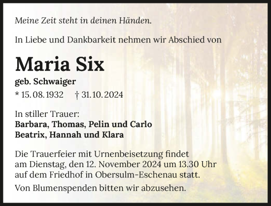 Traueranzeige von Maria Six von GESAMT