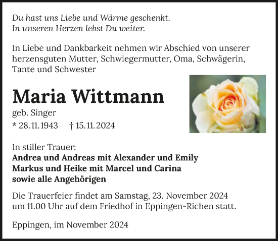 Traueranzeige von Maria Wittmann von GESAMT