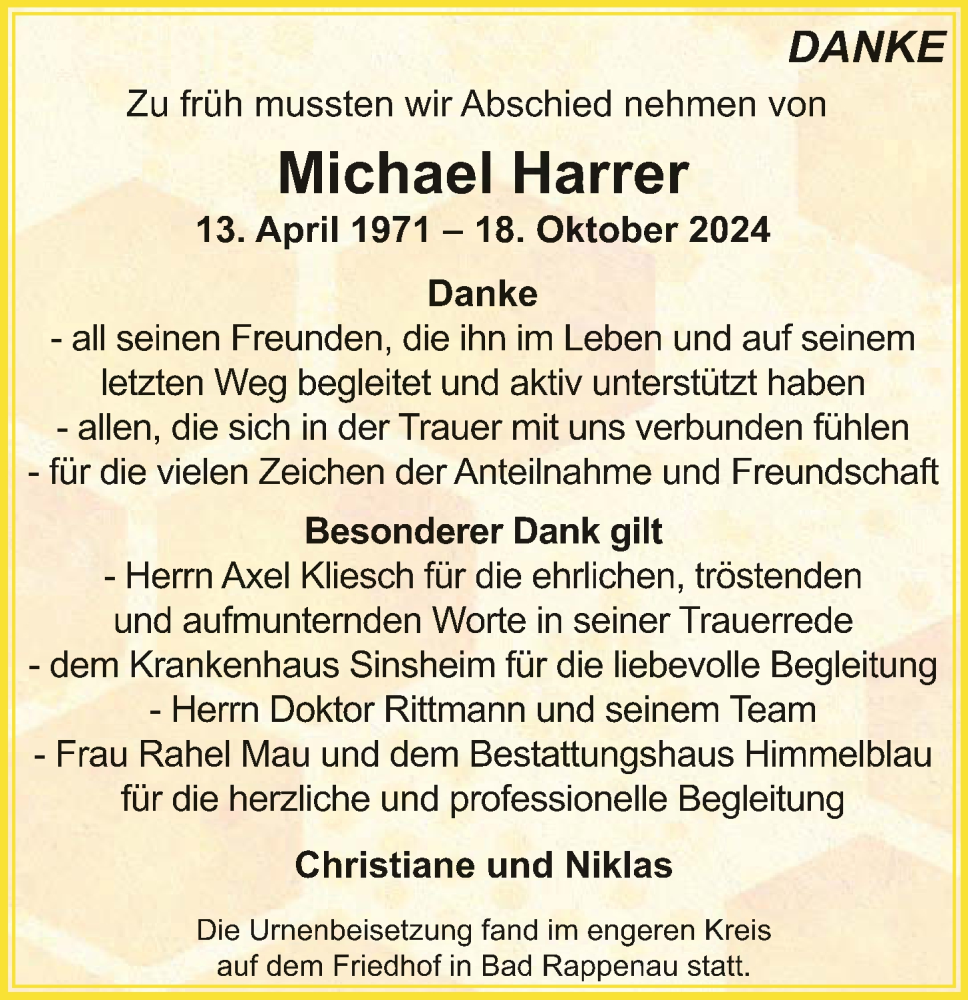  Traueranzeige für Michael Harrer vom 16.11.2024 aus GESAMT