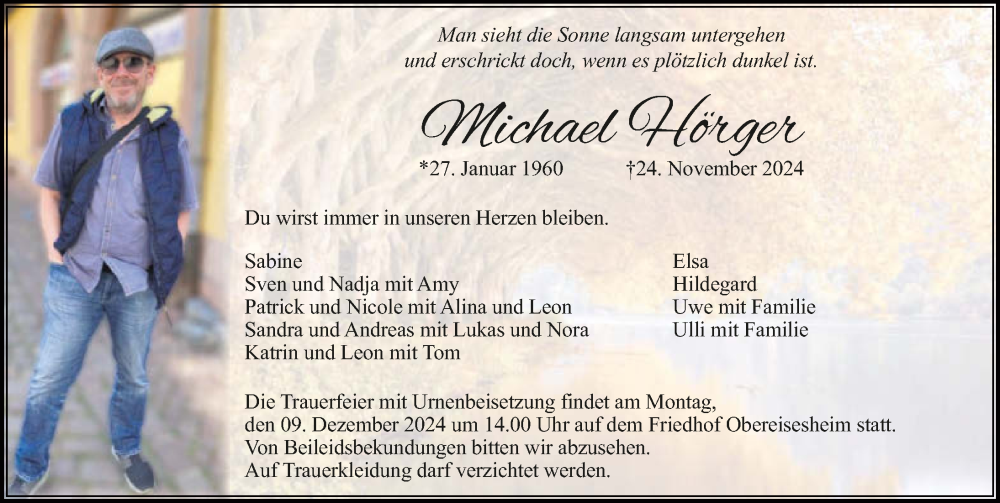  Traueranzeige für Michael Hörger vom 30.11.2024 aus GESAMT