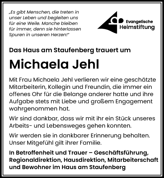 Traueranzeige von Michaela Jehl von GESAMT