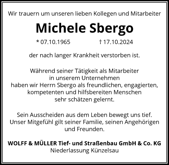 Traueranzeige von Michele Sbergo von GESAMT