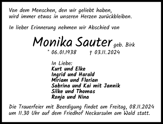 Traueranzeige von Monika Sauter von GESAMT