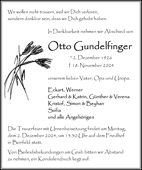 Traueranzeige von Otto Gundelfinger von GESAMT