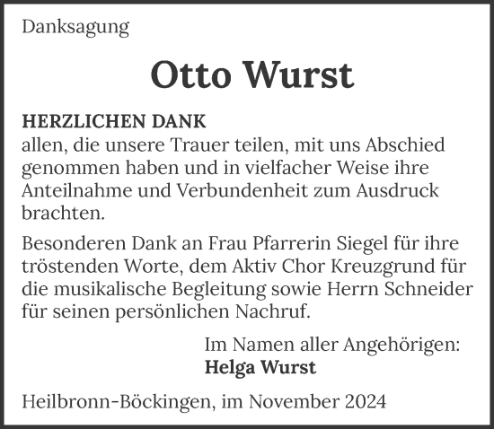 Traueranzeige von Otto Wurst von GESAMT