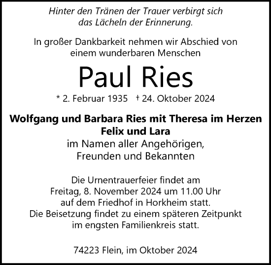 Traueranzeige von Paul Ries von GESAMT