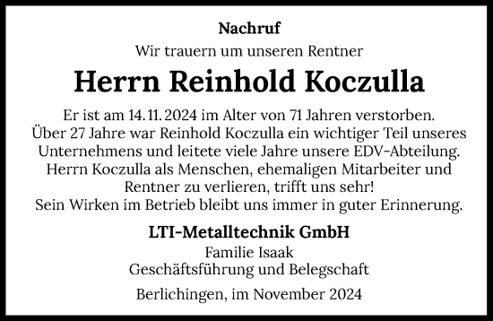 Traueranzeige von Reinhold Koczulla von GESAMT