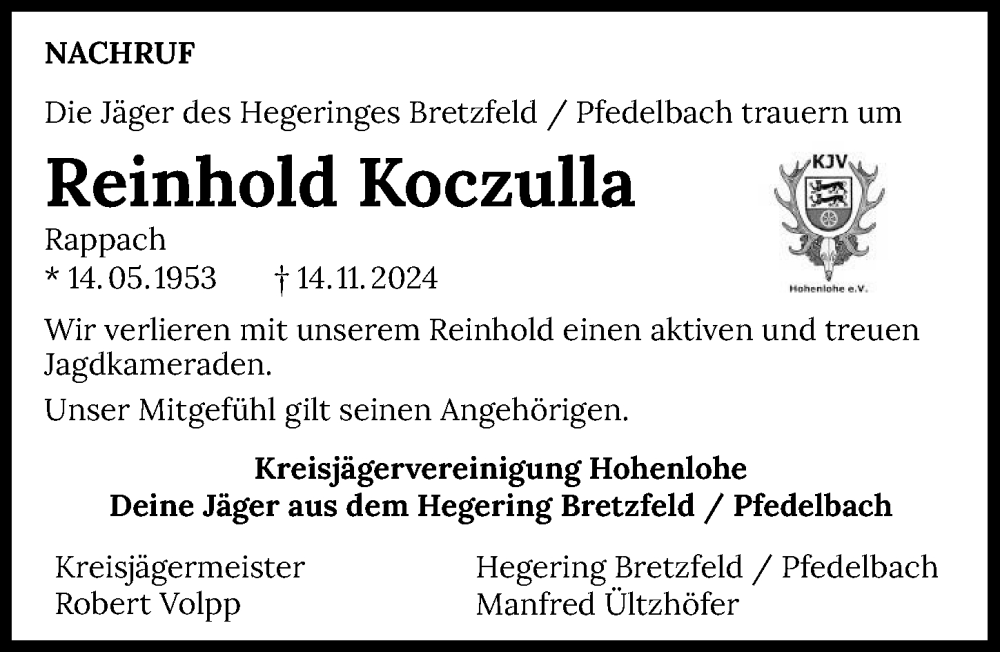  Traueranzeige für Reinhold Koczulla vom 19.11.2024 aus GESAMT