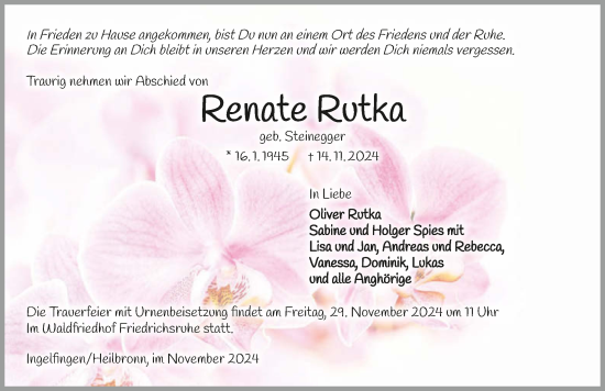 Traueranzeige von Renate Rutka von GESAMT