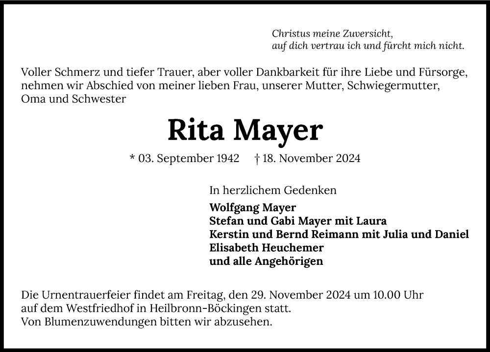  Traueranzeige für Rita Mayer vom 23.11.2024 aus GESAMT