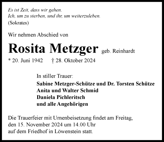 Traueranzeige von Rosita Metzger von GESAMT