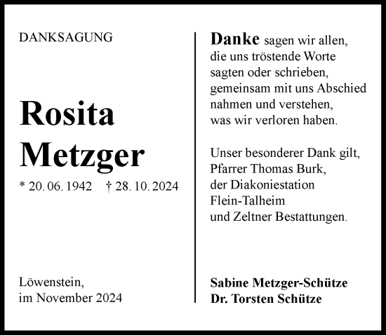 Traueranzeige von Rosita Metzger von GESAMT