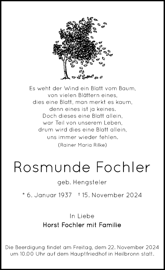 Traueranzeige von Rosmunde Fochler von GESAMT