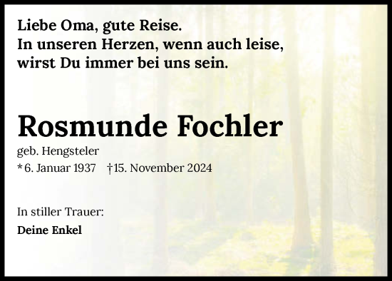 Traueranzeige von Rosmunde Fochler von GESAMT