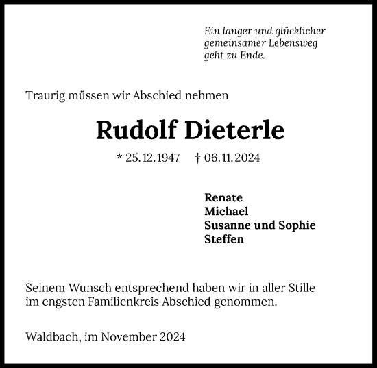 Traueranzeige von Rudolf Dieterle von GESAMT