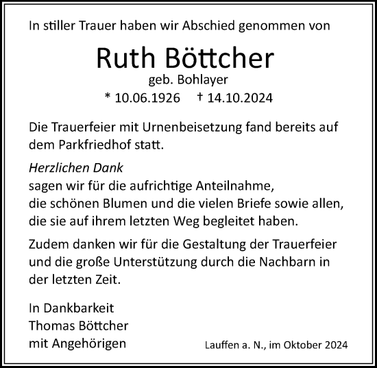 Traueranzeige von Ruth Böttcher von GESAMT