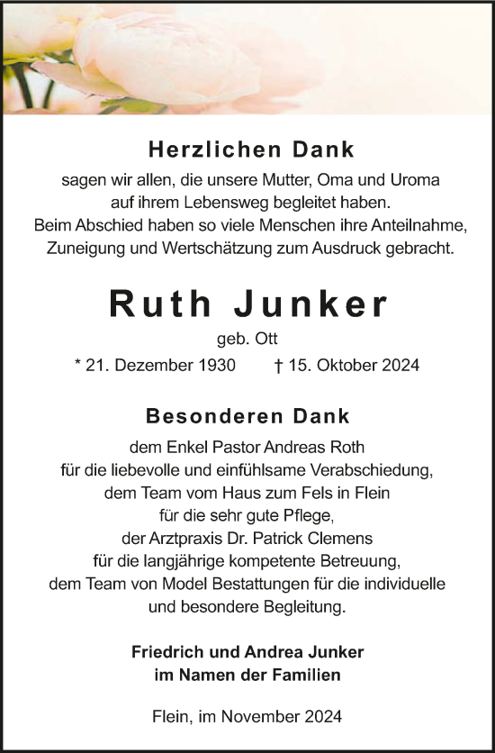 Traueranzeige von Ruth Junker von GESAMT