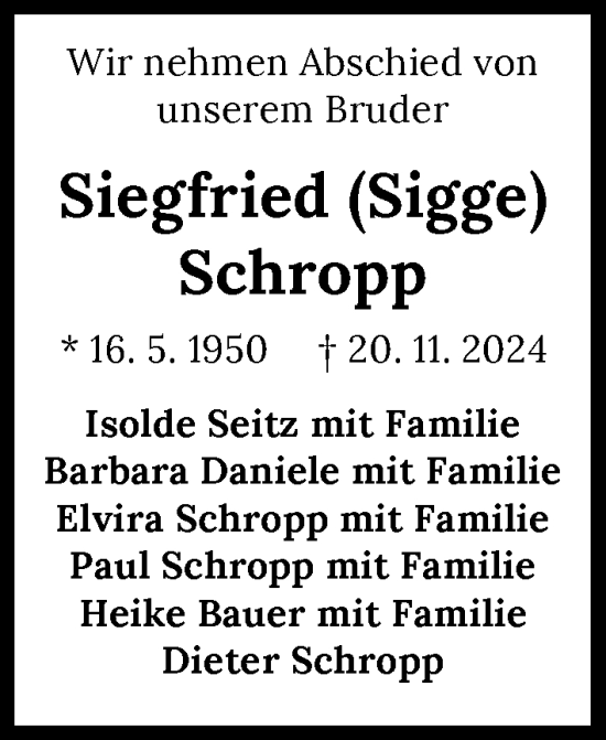 Traueranzeige von Siegfried Schropp von GESAMT