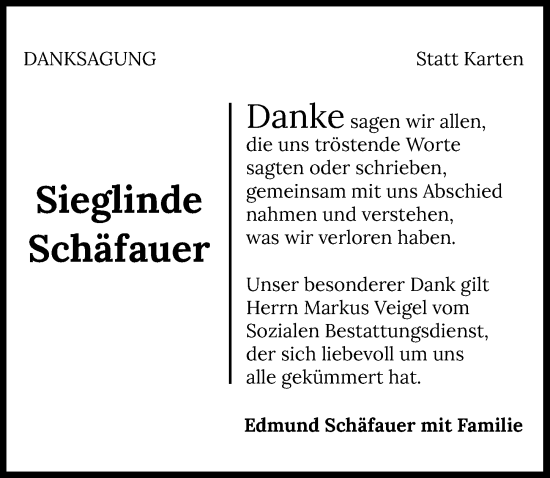 Traueranzeige von Sieglinde Schäfauer von GESAMT