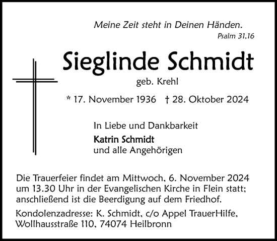 Traueranzeige von Sieglinde Schmidt von GESAMT